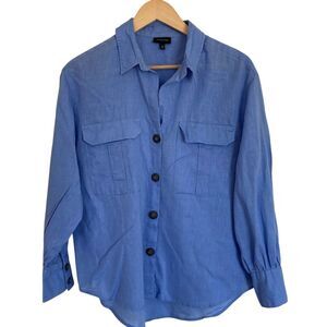 Who What Wear Womens Linen Blend‎ Button Front Shirt Size M Long Sleeve Blue